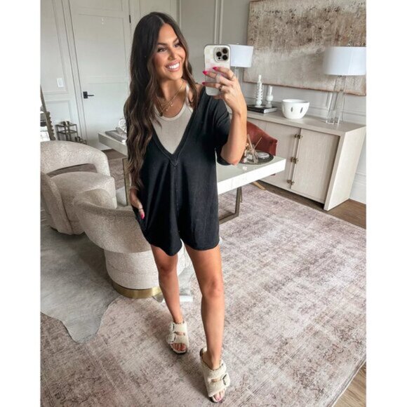 FREE PEOPLE Movement Hot Shot Printed Tee Romper in Black Size Large - Picture 1 of 12